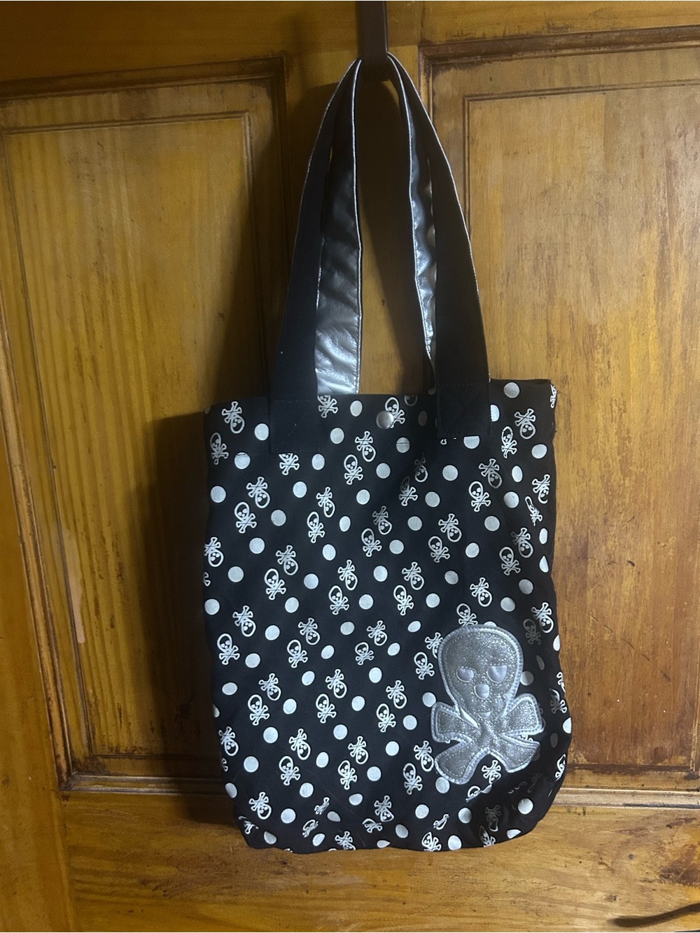 Black skull polka dot Tote Bag with Silver Skull Accent